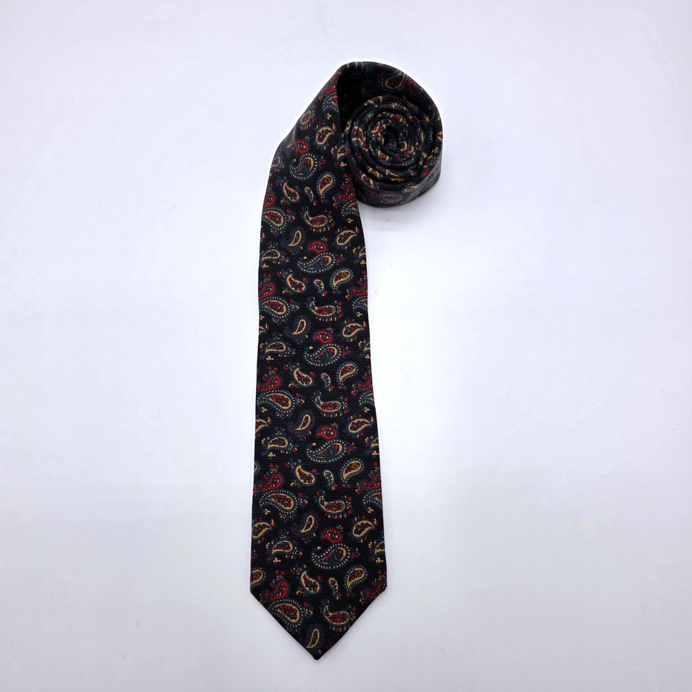 Brooks Brothers Mens Paisley Silk Tie Black Red Gold Made in USA Italian Fabric